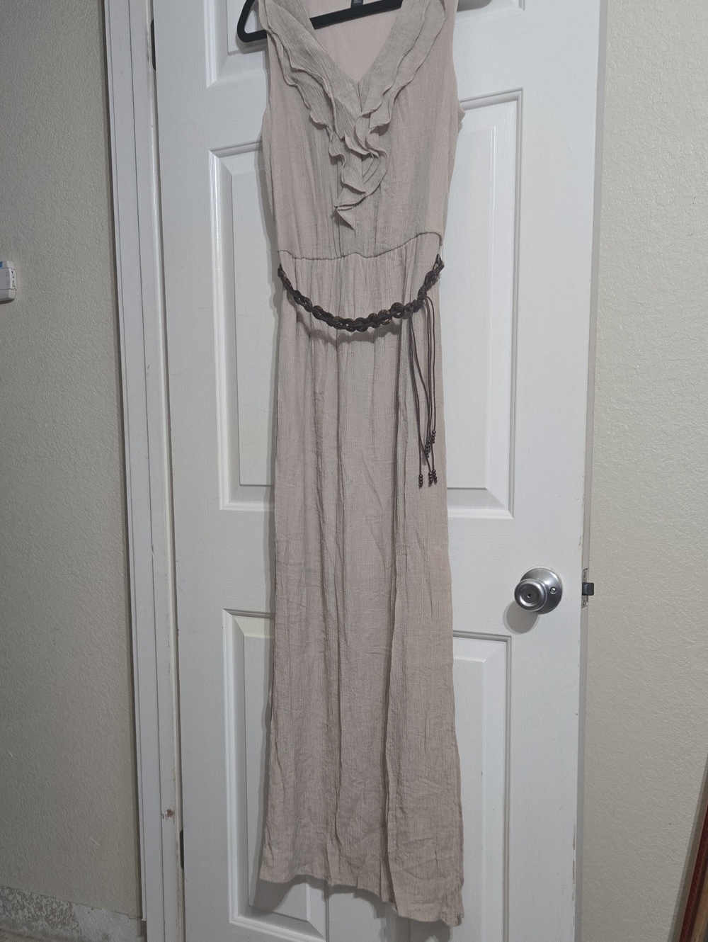 AB Studio Neutral Taupe Ruffle-Front Maxi Dress with Braided Belt